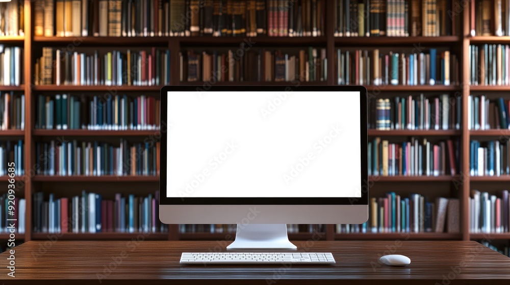 Blank-screen computer on a desk in front of library bookshelves, providing an ideal setting for educational or work-related mockups. Blank-screen computer on a desk in front of library bookshelves, providing an ideal setting for educational or work-related mockups.