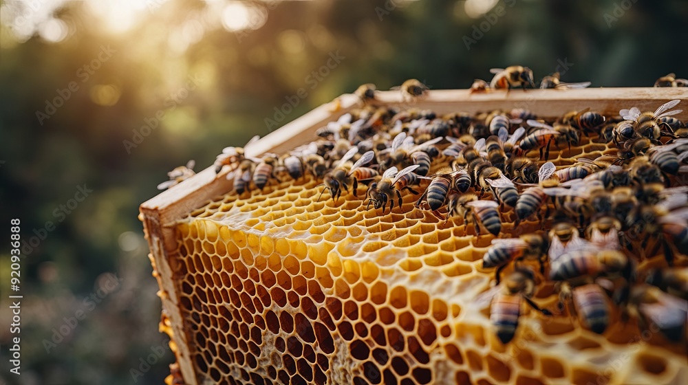 Buzzing Activity. Detailed honeycomb with beeswax and active honey bees showcase nature's beauty concept Buzzing Activity. Detailed honeycomb with beeswax and active honey bees showcase nature's beauty concept