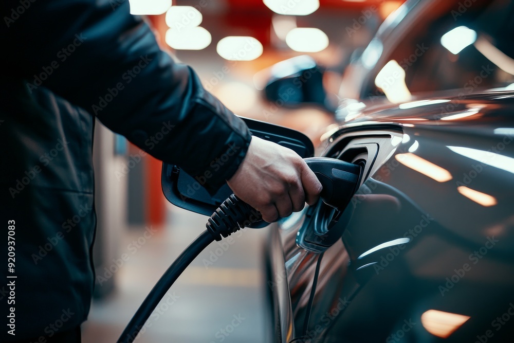 A person is connected to an electric vehicle charging station, actively refueling their car while surrounded by modern infrastructure A person is connected to an electric vehicle charging station, actively refueling their car while surrounded by modern infrastructure
