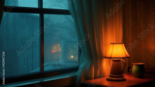 Wallpaper Mural A lamp on a table with a vase next to it and a window with a view of a blurry city scene. Torontodigital.ca