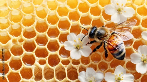 Honey drips down the honeycomb as bees buzz around white flowers set against a vibrant yellow background, showcasing nature’s bountiful food source