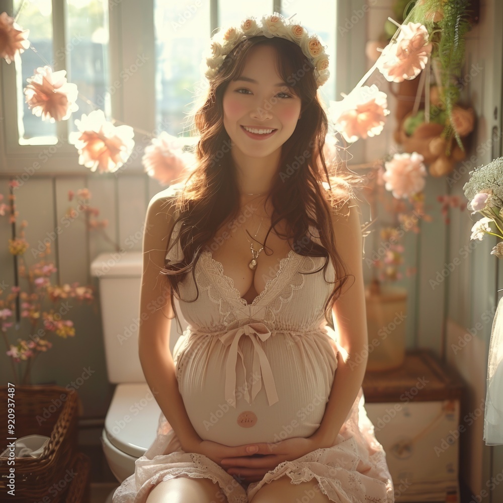 Joyful Asian Pregnant Woman in Bathroom, Expecting Baby, Family Lifestyle and Motherly Love
