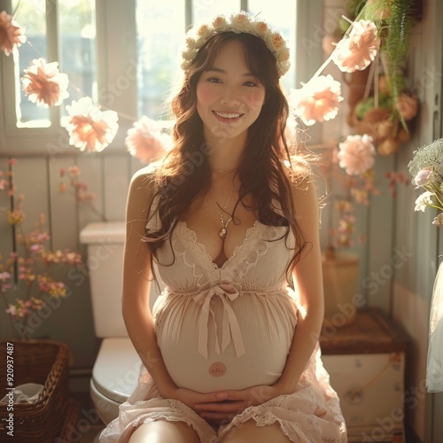 Obraz na płótnie Joyful Asian Pregnant Woman in Bathroom, Expecting Baby, Family Lifestyle and Motherly Love w salonie