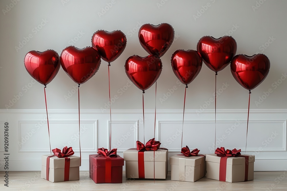 romantic valentines scene with heartshaped balloons in various shades of red floating elegantly among wrapped gift boxes against a crisp white backdrop romantic valentines scene with heartshaped balloons in various shades of red floating elegantly among wrapped gift boxes against a crisp white backdrop