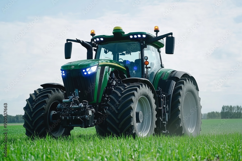Tractor cultivating a lush green field during the day Tractor cultivating a lush green field during the day