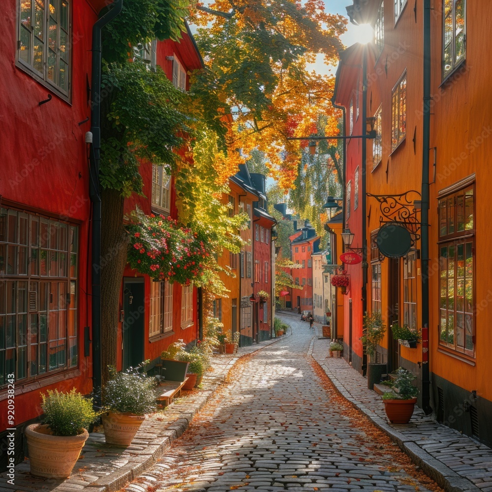 Fototapeta premium Sunlit Tranquility: Cobblestone Alley in Gamla Stan, Stockholm