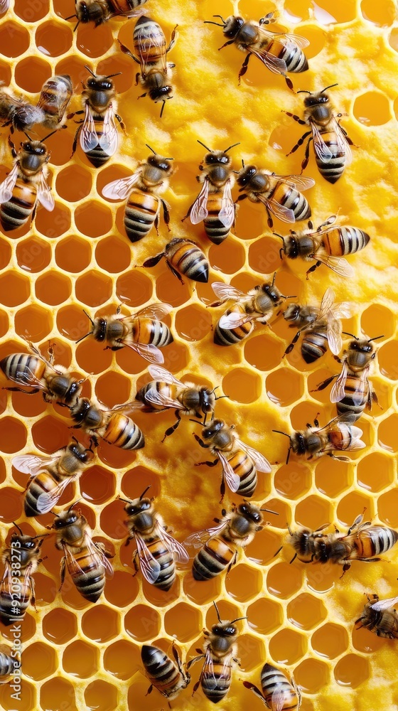Honey drips down the honeycomb as bees buzz around white flowers set against a vibrant yellow background, showcasing nature’s bountiful food source Honey drips down the honeycomb as bees buzz around white flowers set against a vibrant yellow background, showcasing nature’s bountiful food source