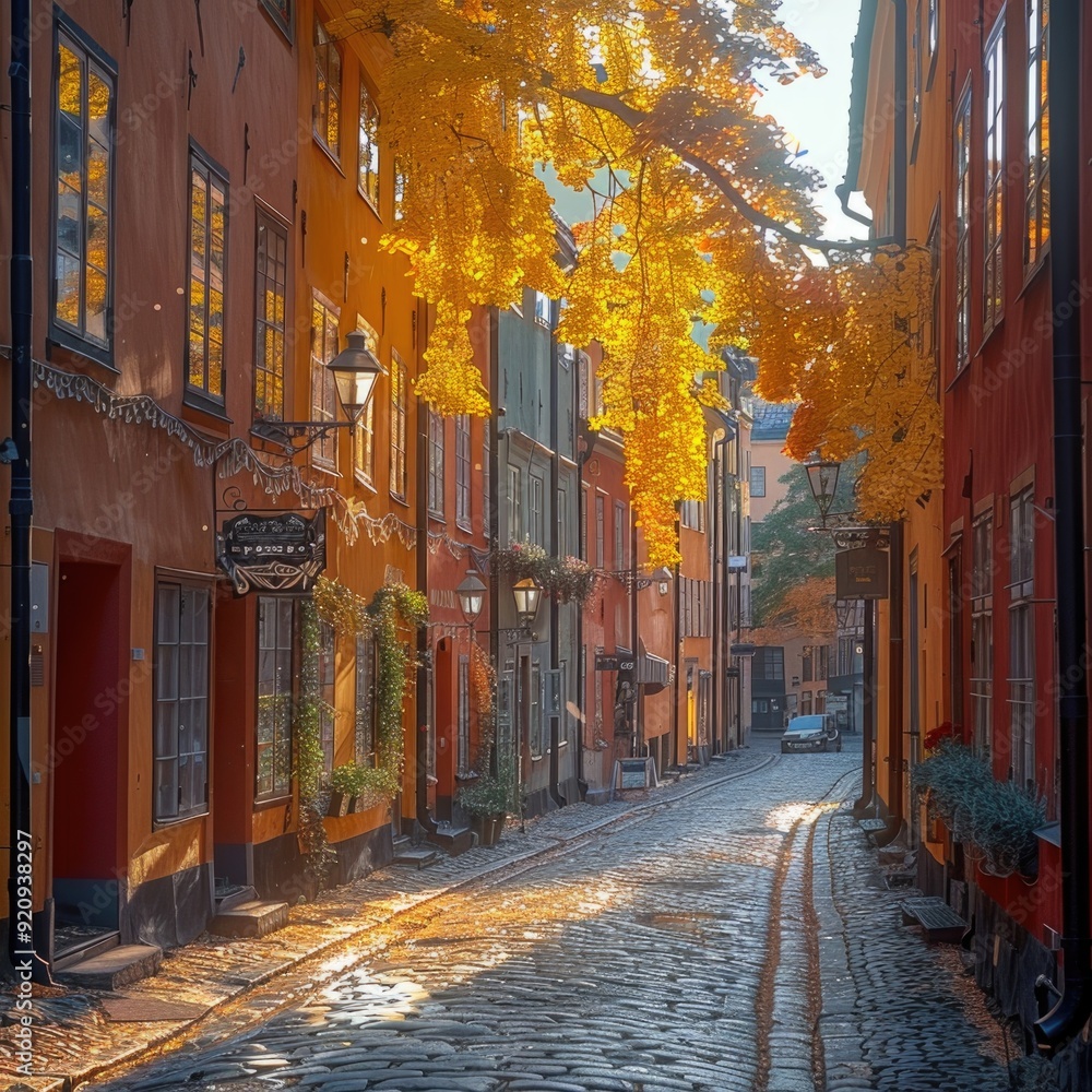 Fototapeta premium Sunlit Tranquility: Cobblestone Alley in Gamla Stan, Stockholm