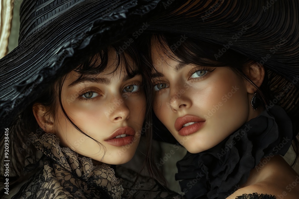 Close-Up Portrait of Two Young Women with Elegant Hats and Makeup Close-Up Portrait of Two Young Women with Elegant Hats and Makeup