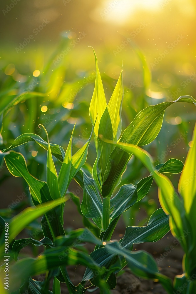 Fototapeta premium Vibrant green corn plants growing in a sunlit field, showcasing the beauty of agriculture and nature's bounty.