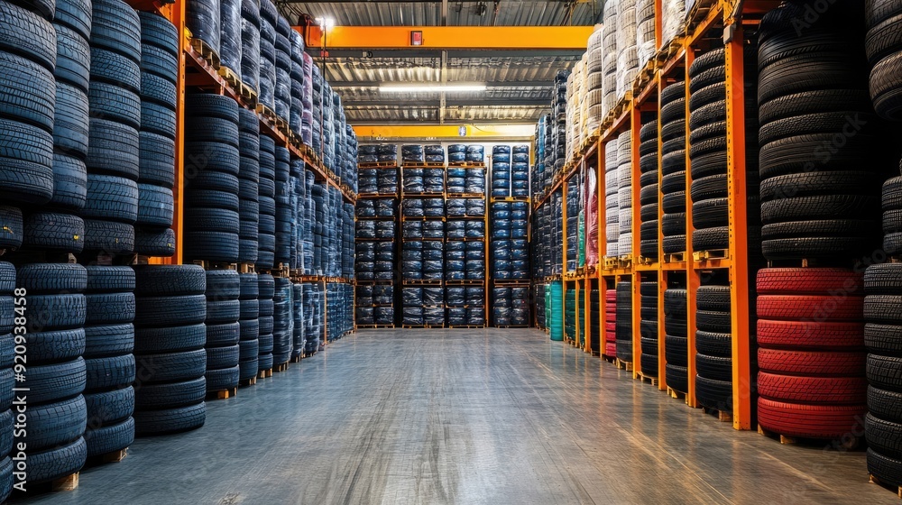 Fototapeta premium Factory storage with towering stacks of car tyres, demonstrating industrial capacity and organized logistics.