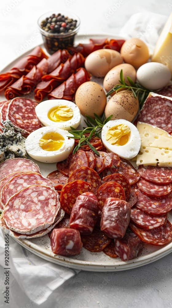 Appetizing Charcuterie Board with Salami, Cheese and Eggs. Appetizing Charcuterie Board with Salami, Cheese and Eggs.