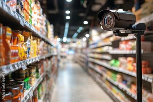 A high-security camera surveys the aisles of a brightly lit grocery store, observing shoppers and products from its elevated position photo