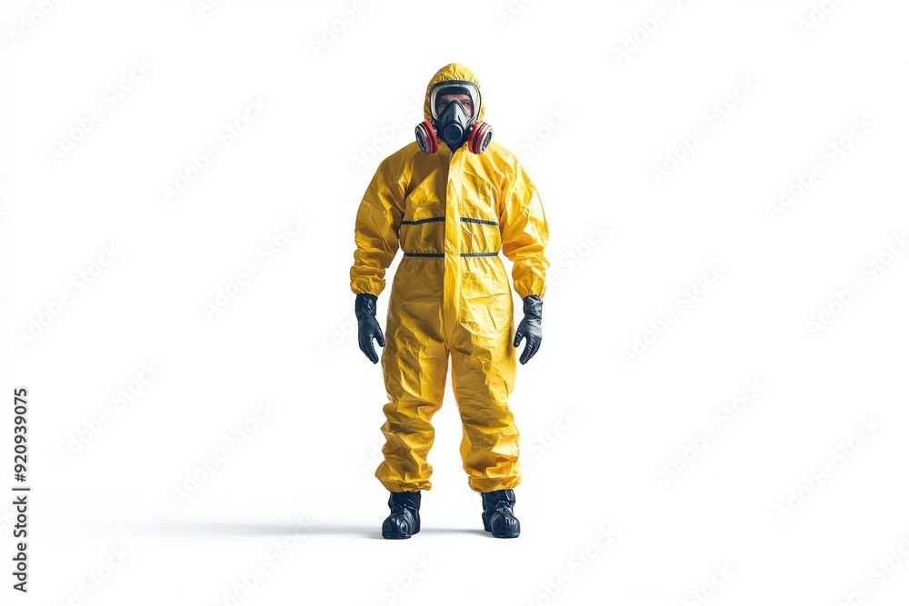 A man in a bright yellow hazmat suit stands alone, facing forward, against a plain backdrop in a controlled setting, highlighting safety and isolation