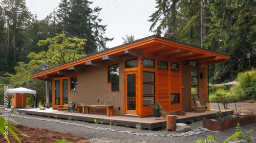 Write about the sustainable features of an eco-friendly small house. Describe passive solar design, rainwater harvesting systems, and how small sustainable homes promote energy efficiency