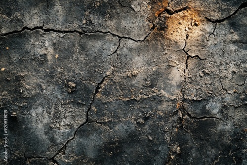 A closeup showcases the intricate textures of a weathered concrete surface exhibiting deep cracks and signs of erosion over time photo