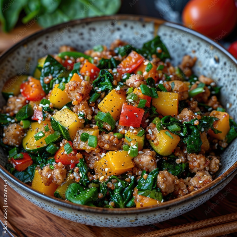 Tender Buckwheat Stirfry: Colorful Mix of Spinach, Red Bell Peppers, Yellow Squash for a Nutrient- Tender Buckwheat Stirfry: Colorful Mix of Spinach, Red Bell Peppers, Yellow Squash for a Nutrient-