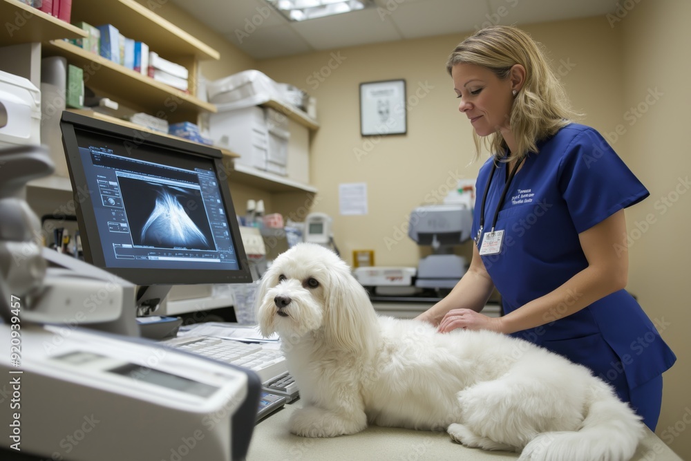 A veterinarian is carefully examining a dog using specialized medical equipment inside a clinic, ensuring a thorough diagnosis and assessment of the dogs health and wellbeing during the visit A veterinarian is carefully examining a dog using specialized medical equipment inside a clinic, ensuring a thorough diagnosis and assessment of the dogs health and wellbeing during the visit