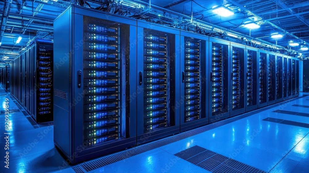 A futuristic data center showcasing rows of servers illuminated by blue lights, representing advanced technology and efficiency. A futuristic data center showcasing rows of servers illuminated by blue lights, representing advanced technology and efficiency.