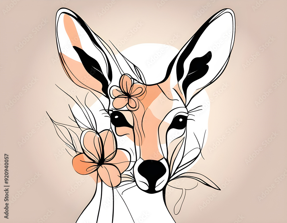 Obraz premium colorful Abstract kangaroo face with flowers by one line vector drawing. Portrait minimalistic style background