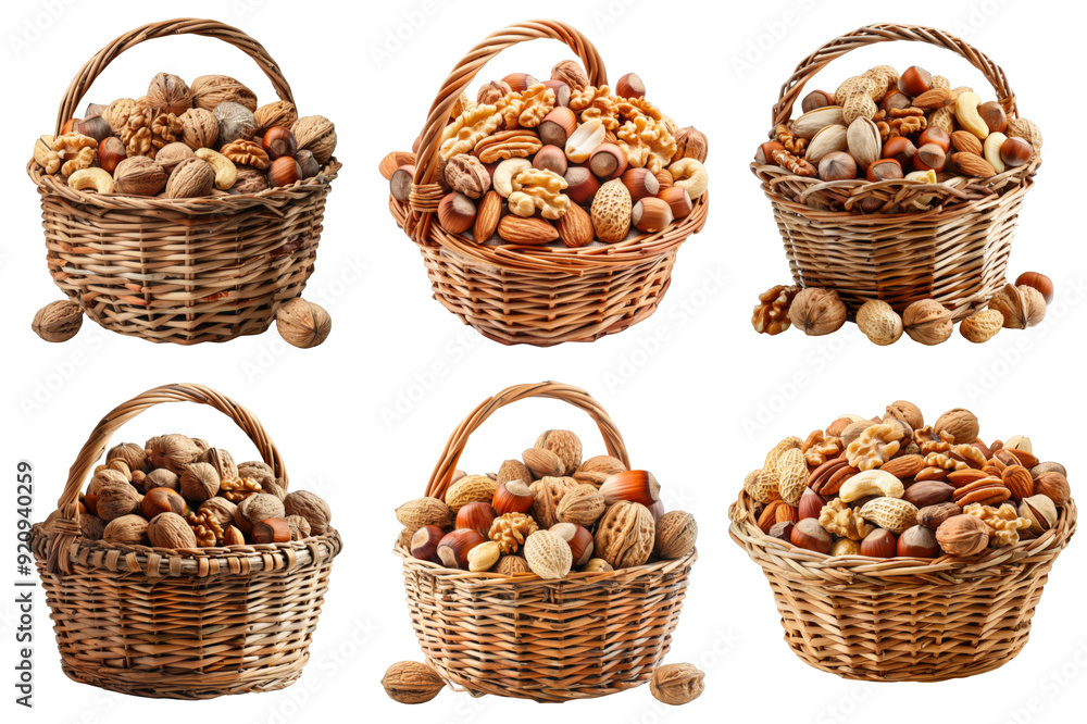 Six Wicker Baskets Overflowing with Mixed Nuts Six Wicker Baskets Overflowing with Mixed Nuts
