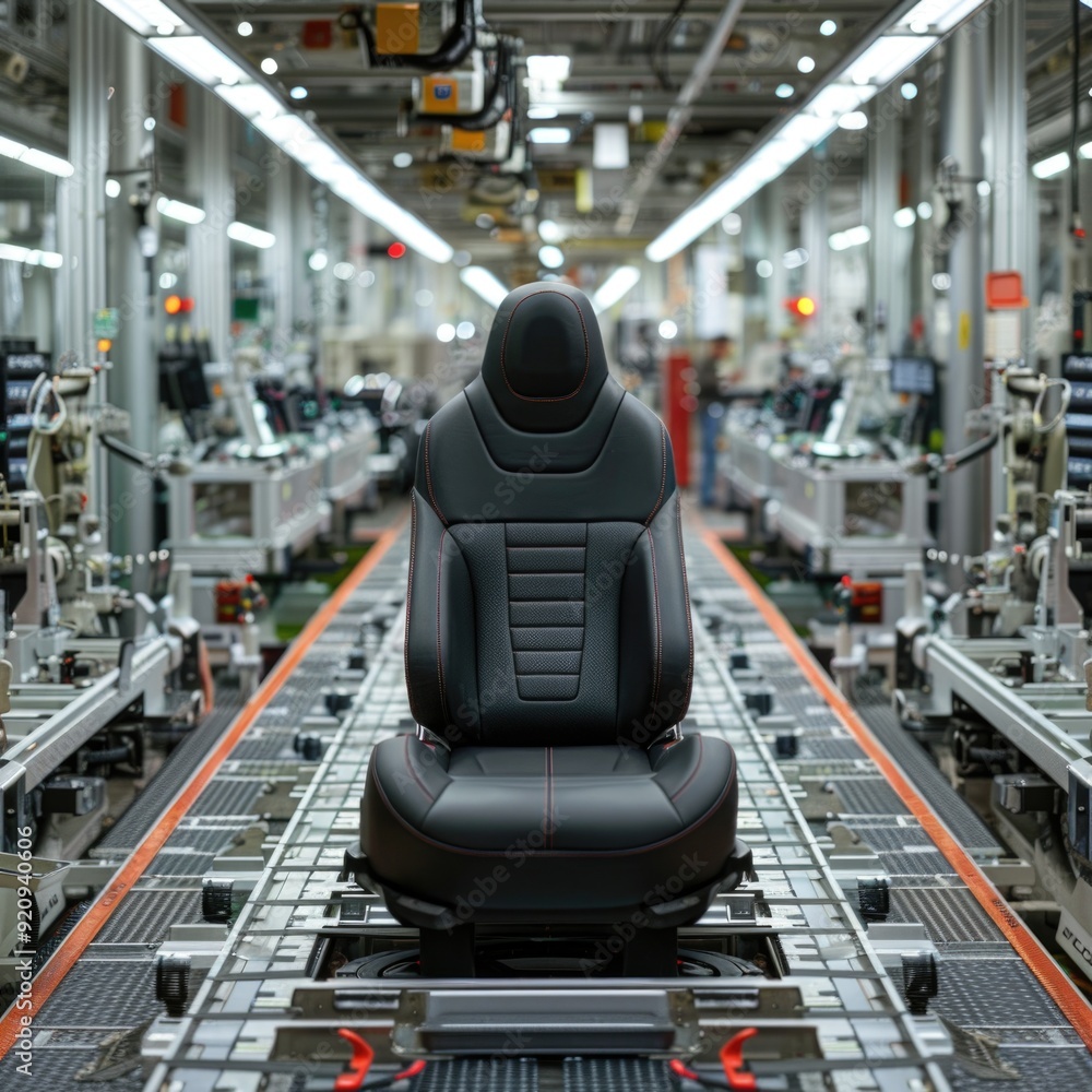 Automotive Manufacturing Scene: Black Leather Car Seat Amidst White Metal Frames on Factory Assemb