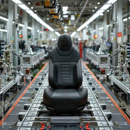 Obraz na płótnie Automotive Manufacturing Scene: Black Leather Car Seat Amidst White Metal Frames on Factory Assemb w salonie