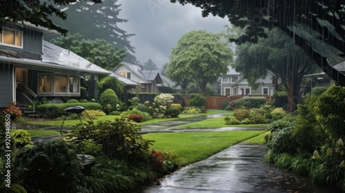 A rainy day in the suburbs with a house and lush green foliage. photo