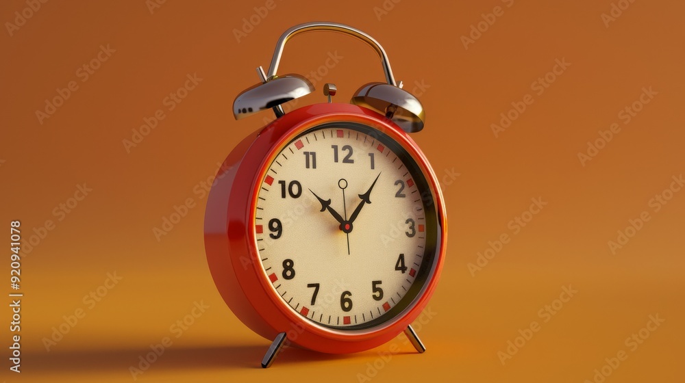A 3D-rendered alarm clock with retro design elements, including a bell and twin bells on top, reminiscent of classic alarm clocks.