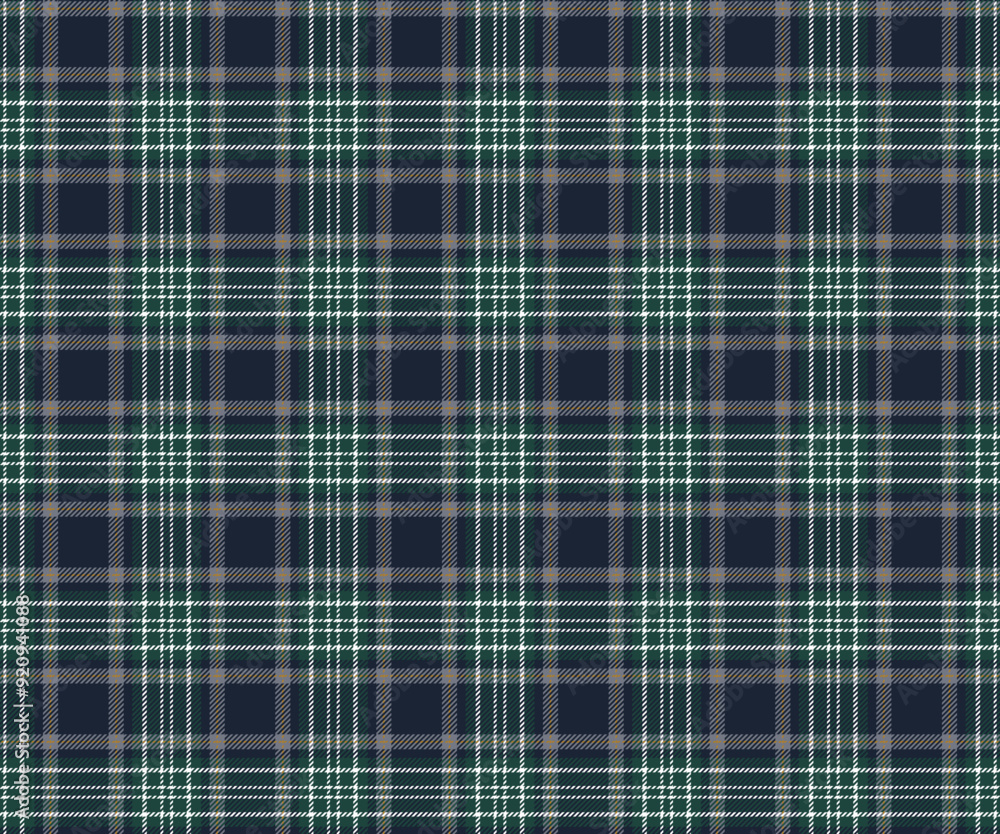Fototapeta premium Plaid pattern, navy blue, green, white, seamless for textiles and designing clothing, skirts, pants, aprons, tablecloths, blankets or decorative fabrics. Vector illustration.
