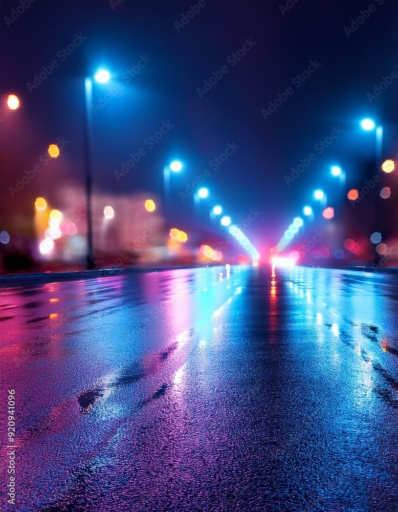 Background of wet asphalt with neon light. Blurred background, night lights, reflection. Background of wet asphalt with neon light. Blurred background, night lights, reflection.