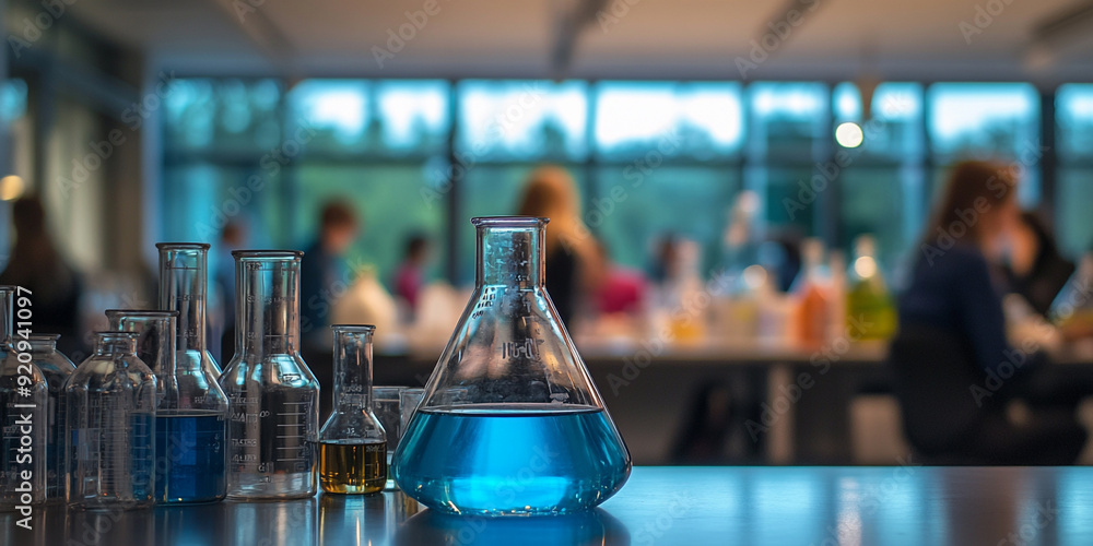 Busy Research Laboratory Scene with Glass Beakers, Flasks, and Scientists Collaborating on Innovative Experiments, Capturing the Essence of Scientific Discovery and Innovation Busy Research Laboratory Scene with Glass Beakers, Flasks, and Scientists Collaborating on Innovative Experiments, Capturing the Essence of Scientific Discovery and Innovation