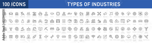 Set of 100 types of industries icons. Editable Stroke. Technology, finance, healthcare, automotive, energy, retail, construction, hospitality, tourism, education, agriculture. Vector illustration.