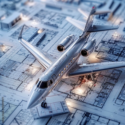 Precision Engineering and Futuristic Design: A Sophisticated Jet on Architectural Blueprints