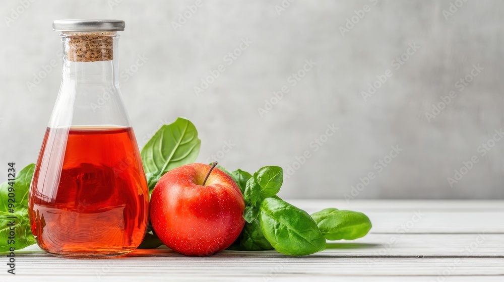 Fresh apple vinegar in a glass bottle with a vibrant apple and green basil leaves on a rustic wooden surface. Fresh apple vinegar in a glass bottle with a vibrant apple and green basil leaves on a rustic wooden surface.