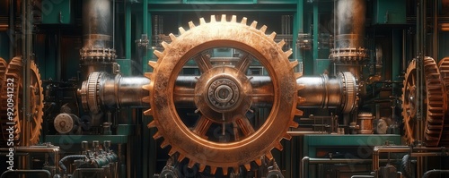 A steampunkinspired gear machine in motion, with engineers monitoring its operation, Steampunk, Brass Tones, 3D Render