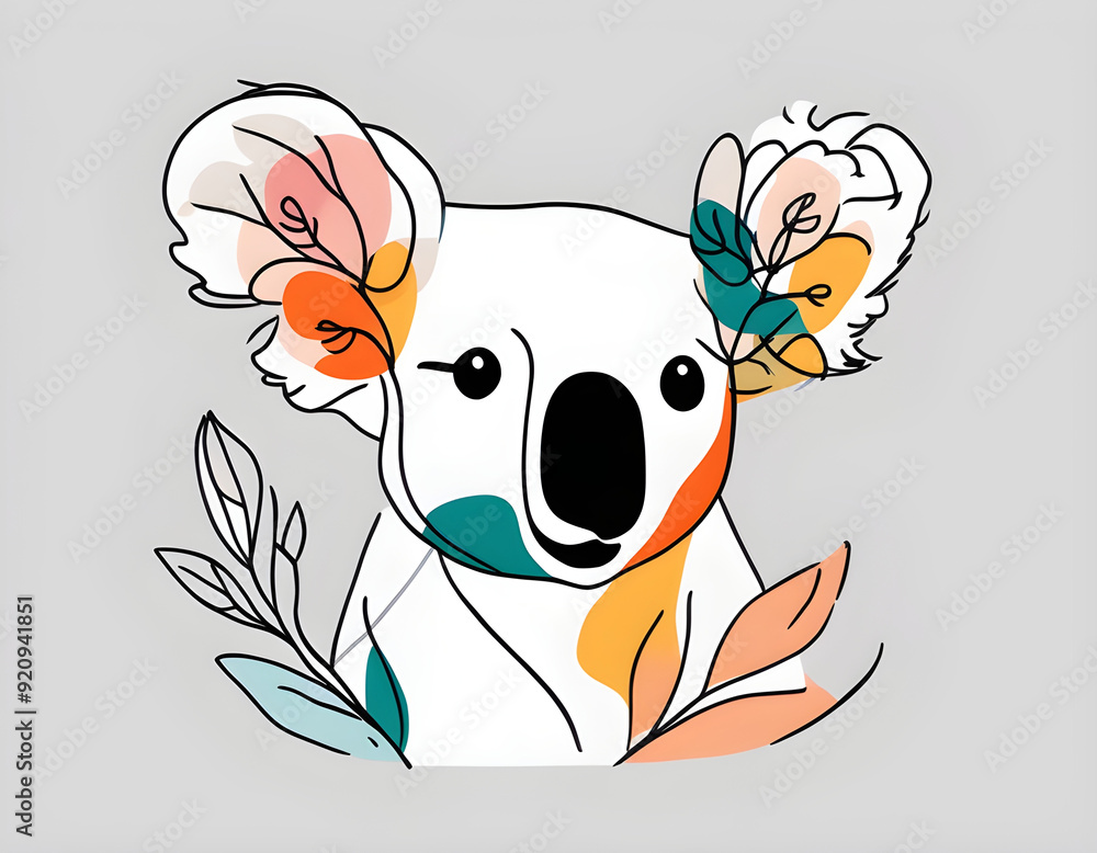 Obraz premium colorful Abstract koala face with flowers by one line vector drawing. Portrait minimalistic style background