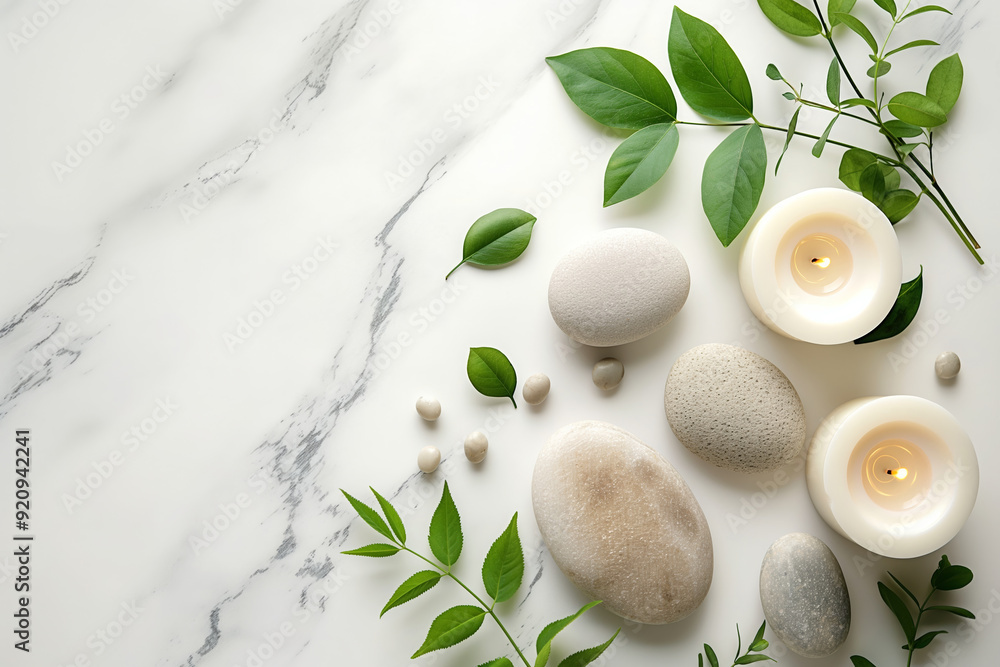 Candles, massage stones ang green leaves on light marble surface with copy space. Spa concept Candles, massage stones ang green leaves on light marble surface with copy space. Spa concept