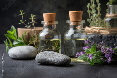 Herbal spa with essential oils, massage stones, and fresh lavender