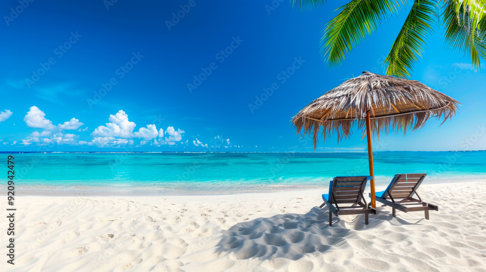 Fototapeta premium Tropical Beach with Palm Trees and Chairs