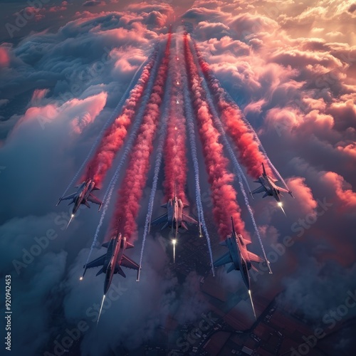 Dynamic Aerial Spectacle: Fighter Jets Paint the Sky with Red, White, and Blue Smoke Trails photo