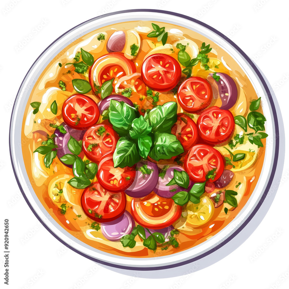 A bowl of creamy tomato soup garnished with fresh basil, tomatoes, and onions. A bowl of creamy tomato soup garnished with fresh basil, tomatoes, and onions.