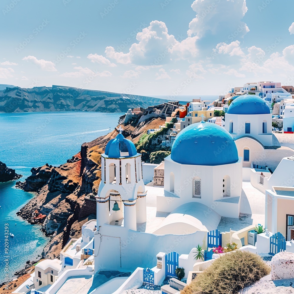 Fototapeta premium Picturesque Santorini with Whitewashed Buildings and Blue Domes, Greece