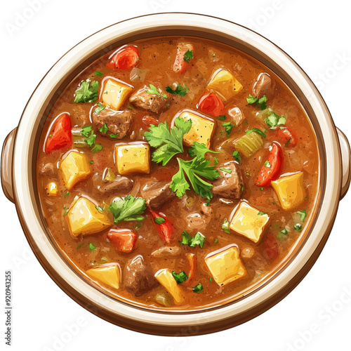 A bowl of hearty stew with beef, potatoes, carrots, and herbs.