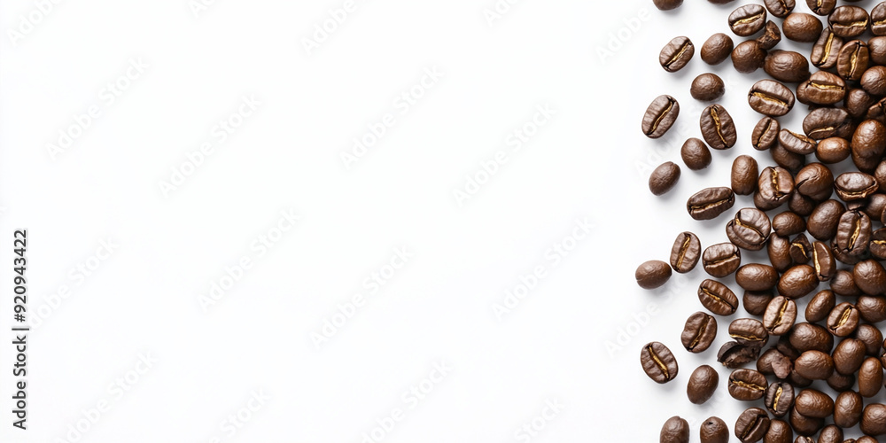 Minimalist Arrangement of Roasted Coffee Beans Scattered Along a Clean White Background, Perfect for Coffee-Themed Branding, Advertising, and Elegant Food Photography Minimalist Arrangement of Roasted Coffee Beans Scattered Along a Clean White Background, Perfect for Coffee-Themed Branding, Advertising, and Elegant Food Photography