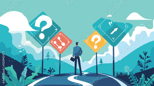 flat design BigBusiness decision making, career path, choose the right way to success concept, confusing businessman looking at multiple road sign with question 
 photo