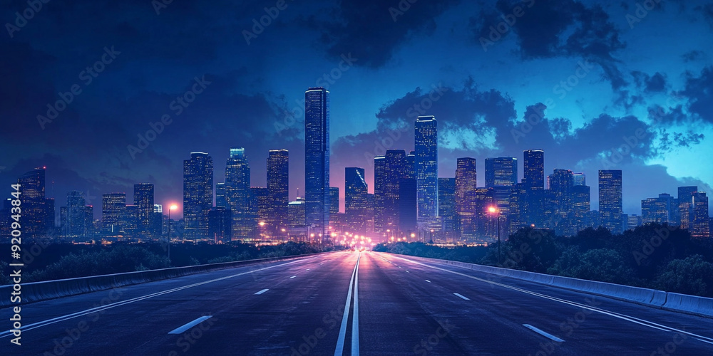 Obraz premium Wide Open Highway Stretching Towards a Vibrantly Lit City Skyline at Night, Symbolizing the Journey of Urban Exploration, Modern City Life, and the Endless Possibilities of a Bright Future