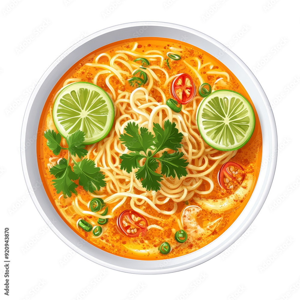 A bowl of Thai noodle soup with shrimp, lime wedges, and cilantro. A bowl of Thai noodle soup with shrimp, lime wedges, and cilantro.