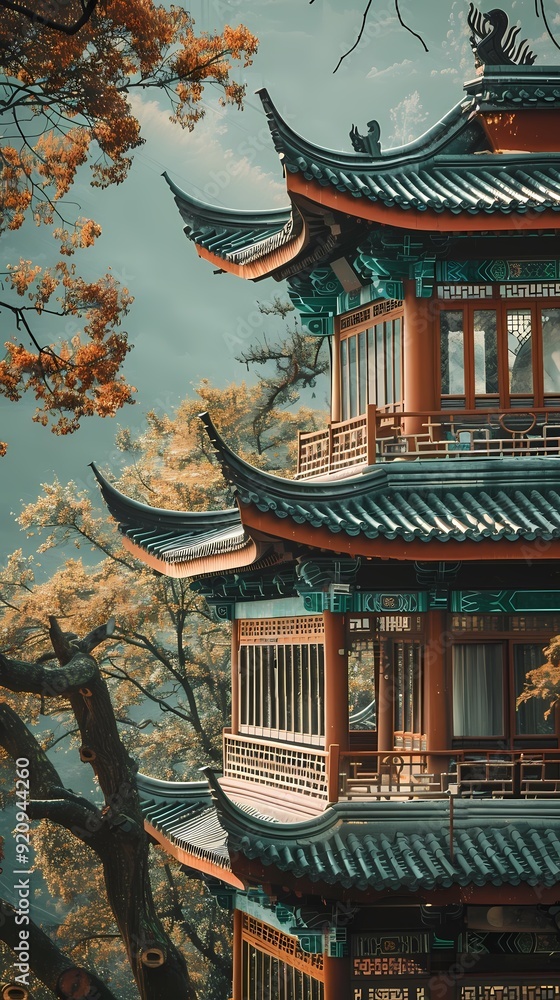 Fototapeta premium Chinese architecture green tree illustration background poster