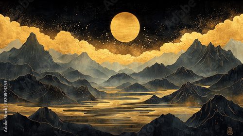 gold and silver foil landscape, auspicious clouds, winds, snow-covered, mountainsm gold mountains, golden river Heian period